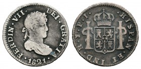 Fernando VII (1808-1833). 1/2 real. 1821. Potosí. PJ. (Cal-1374). Ag. 1,63 g. BC+. Est...20,00.