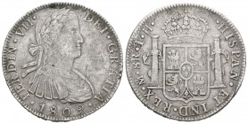 Fernando VII (1808-1833). 8 reales. 1809. México. TH. (Cal-539). Ag. 26,46 g. Busto imaginario. BC+. Est...50,00.
