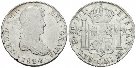 Fernando VII (1808-1833). 8 reales. 1824. Potosí. PJ. (Cal-614). Ag. 26,95 g. Fallitos en el canto. BC+/MBC-. Est...45,00.