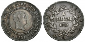 Fernando VII (1808-1833). 10 reales. 1821. Bilbao. UG. (Cal-702). Ag. 12,62 g. Bonita pátina. Golpecitos en el canto. Buen ejemplar para este tipo. MB...