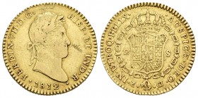 Fernando VII (1808-1833). 2 escudos. 1812. Cádiz. CI. (Cal-180). Au. 6,67 g. Ceca pequeña. Pequeña incisión en anverso y hojitas. MBC-. Est...220,00....