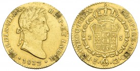 Fernando VII (1808-1833). 2 escudos. 1813. Cádiz. CJ. (Cal-183). Au. 6,69 g. Marcas de engarce. MBC. Est...250,00.