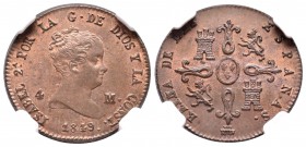 Isabel II (1833-1868). 4 maravedís. 1849. Segovia. (Cal-535). Ae. Encapsulada por NGC como MS 64 RB. Restos de brillo original. Rara en esta conservac...