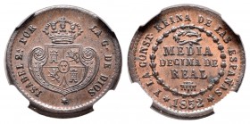 Isabel II (1833-1868). 1/2 décima de real. 1852. Segovia. (Cal-585). Ae. 2,12 g. Encapsulada por NN Coins como MS 63 BN. Escasa. Ex colección Permanye...