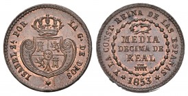 Isabel II (1833-1868). 1/2 décima de real. 1853. Segovia. (Cal-586). Ae. 1,96 g. Restos de brillo original. Ex colección Elariz. SC-. Est...60,00.
