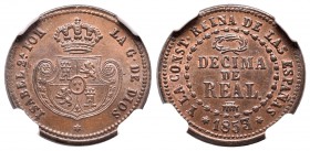 Isabel II (1833-1868). Décima de real. 1853/2. Segovia. (Cal-584 variante). Ae. 3,67 g. Encapsulada por NGC como MS 65 BN. Rara restificación. Ex Áure...