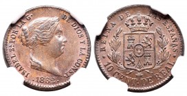 Isabel II (1833-1868). 10 céntimos de real. 1862. Segovia. (Cal-608). Ae. 3,82 g. Encapsulada por NGC como MS 63 BN. Bellísima. Brillo original. Ex Áu...
