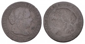 Isabel II (1833-1868). 1/2 céntimo de escudo. 1868. Ae. 1,25 g. Anverso incuso. Rara. BC. Est...150,00.