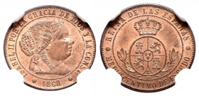 Isabel II (1833-1868). 1/2 céntimo de escudo. 1868. Barcelona. OM. (Cal-671). Ae. 1,27 g. Encapsulada por NGC como MS 65 RB. Bellísima. Brillo origina...