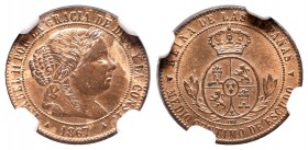 Isabel II (1833-1868). 1/2 céntimo de escudo. 1867. Segovia. OM. (Cal-677). Ae. 1,23 g. Encapsulada por NGC como MS 63 RB. Brillo original. Ex Áureo 2...