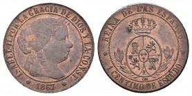 Isabel II (1833-1868). 1 céntimo de escudo. 1867. Barcelona. OM. (Cal-652). Ae. 2,28 g. Restos de brillo original. EBC. Est...30,00.