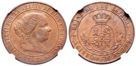 Isabel II (1833-1868). 5 céntimos de escudo. 1867. Segovia. OM. (Cal-632). Ae. 13,13 g. Encapsulada por NGC como MS 64 BN. Precioso color. Ex colecció...