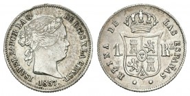 Isabel II (1833-1868). 1 real. 1857. Barcelona. (Cal-401). Ag. 1,27 g. Golpecitos en el canto. Raya en anverso. MBC-. Est...15,00.