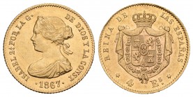 Isabel II (1833-1868). 4 escudos. 1867. Madrid. (Cal-111). Au. 3,32 g. Rayita en anverso. EBC. Est...130,00.