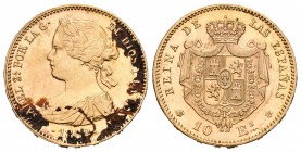 Isabel II (1833-1868). 10 escudos. 1868*18-73. Madrid. (Cal-148). Au. 8,40 g. Adherencias en anverso. EBC/EBC+. Est...275,00.