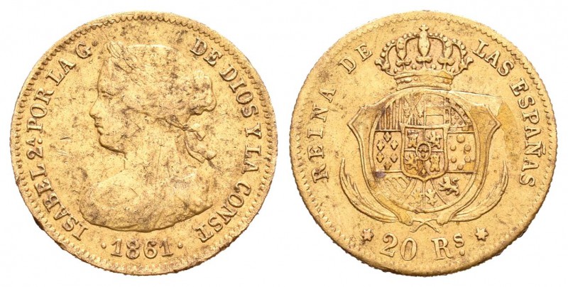 Isabel II (1833-1868). 20 reales. 1861. Madrid. (Cal-119). Au. 1,68 g. MBC-. Est...