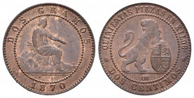 Gobierno Provisional (1868-1871). 2 céntimos. 1870. Barcelona. OM. (Cal-26). Ae. 2,05 g. Restos de brillo original. EBC. Est...20,00.