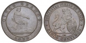 Gobierno Provisional (1868-1871). 5 céntimos. 1870. Barcelona. OM. (Cal-25). Ae. 4,89 g. EBC-/EBC. Est...75,00.