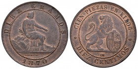 Gobierno Provisional (1868-1871). 10 céntimos. 1870. Barcelona. OM. (Cal-24). Ae. 10,08 g. EBC-. Est...80,00.