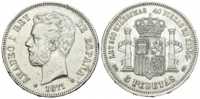 Amadeo I (1871-1873). 5 pesetas. 1871*18-75. Madrid. DEM. (Cal-12). Ag. 24,93 g. Golpecitos en el canto. MBC+. Est...90,00.