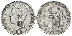 Amadeo I (1871-1873). 5 pesetas. 1871*_8-75. Madrid. DEM. (Cal-12). Ag. 24,43 g. Resello GP coronado en anverso. BC+. Est...175,00.