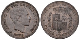 Alfonso XII (1874-1885). 5 céntimos. 1879. Barcelona. OM. (Cal-73). Ae. 5,06 g. EBC-. Est...60,00.