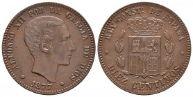 Alfonso XII (1874-1885). 10 céntimos. 1877. Barcelona. OM. (Cal-67). Ae. 10,04 g. MBC+. Est...30,00.