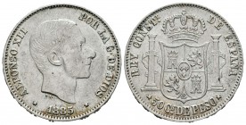 Alfonso XII (1874-1885). 50 centavos de peso. 1885. Manila. (Cal-86). Ag. 12,85 g. MBC+/EBC-. Est...20,00.