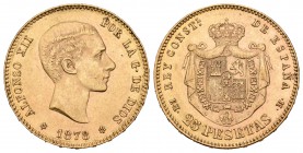 Alfonso XII (1874-1885). 25 pesetas. 1878*18-78. Madrid. EMM. (Cal-6). Au. 8,04 g. Golpecito en el canto. EBC. Est...240,00.