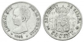 Alfonso XIII (1886-1931). 50 céntimos. 1892*8-2. Madrid. PGM. (Cal-57). Ag. 2,45 g. MBC-. Est...30,00.