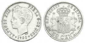 Alfonso XIII (1886-1931). 50 céntimos. 1900*0-0. Madrid. SMV. (Cal-60). Ag. 2,52 g. Rayitas. EBC. Est...25,00.