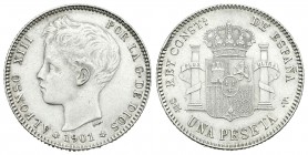 Alfonso XIII (1886-1931). 1 peseta. 1901*19-01. Madrid. SMV. (Cal-45). Ag. 5,06 g. EBC. Est...50,00.
