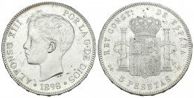 Alfonso XIII (1886-1931). 5 pesetas. 1898*18-98. Madrid. SGV. (Cal-27). Ag. 24,83 g. Brillo original. SC-/EBC+. Est...50,00.
