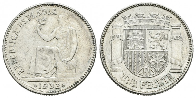 II República (1931-1939). 1 peseta. 1933*3-4. Madrid. (Cal-1). Ag. 5,00 g. EBC+....