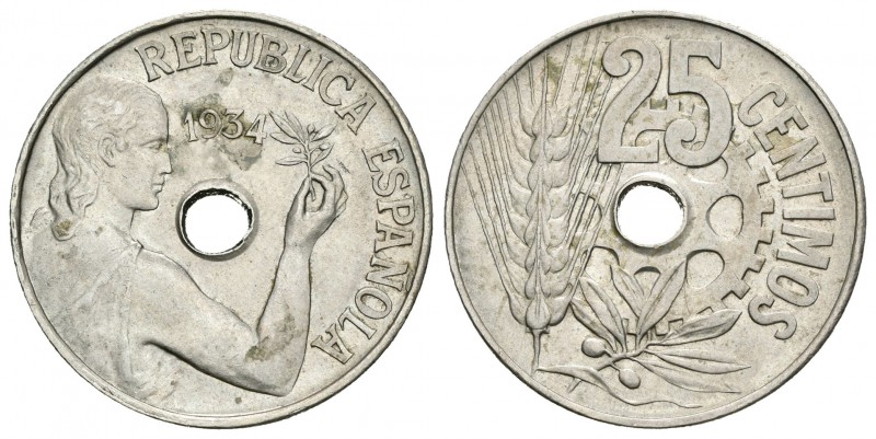 II República (1931-1939). 25 céntimos. 1934. Madrid. (Cal-6). Cu-Ni. 6,99 g. EBC...