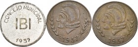 Guerra Civil (1936-1939). 1937. Ibi (Alicante). (Cal-8). Serie con 3 valores, 1 peseta y 25 céntimos (con y sin mapa). MBC-/MBC+. Est...300,00.