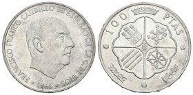 Estado español (1936-1975). 100 pesetas. 1966*19-69. Madrid. (Cal-14). Cu-Ni. 19,02 g. Palo curvo. Escasa. SC-. Est...175,00.