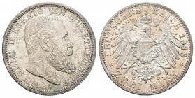 Alemania. Wurttemberg. Wilhelm II. 2 marcos. 1913. F. (Km-631). Ag. 11,08 g. Brillo original. EBC+/SC-. Est...75,00.