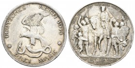 Alemania. Prussia. Wilhelm II. 3 marcos. 1913. (Km-534). Ag. 16,63 g. Centenario de la derrota de Napoleón. Golpecito en el canto. Restos de brillo or...