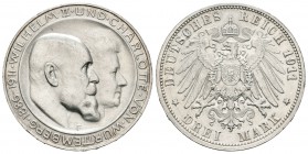Alemania. Wurttemberg. Wilhelm II. 3 marcos. 1911. Stuttgart. (Km-636). Ag. 16,65 g. Bodas reales de plata. SC-. Est...45,00.