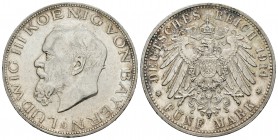 Alemania. Bavaria. Ludwig III. 5 marcos. 1914. Munich. D. (Km-1007). Ag. 27,73 g. Restos de brillo original. EBC-/EBC. Est...110,00.