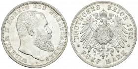 Alemania. Wurttemberg. Wilhelm II. 5 marcos. 1908. Stuttgart. F. (Km-632). Ag. 27,73 g. EBC. Est...60,00.