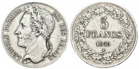 Bélgica. Leopoldo I. 5 francos. 1849. (Km-3.2). Ag. 24,81 g. MBC+. Est...50,00.
