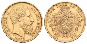 Bélgica. Leopold II. 20 francos. 1871. (Km-37). Au. 6,44 g. EBC. Est...180,00.