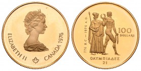 Canadá. Elizabeth II. 100 dollars. 1976. (Km-116). Au. 16,87 g. Olimpiadas 1976. Con certificado oficial y estuche original. PROOF. Est...600,00.