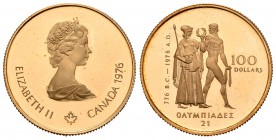 Canadá. Elizabeth II. 100 dollars. 1976. (Km-116). Au. 17,01 g. Olimpiadas 1976. Con certificado oficial y estuche original. PROOF. Est...600,00.
