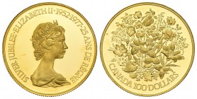 Canadá. Elizabeth II. 100 dollars. 1977. (Km-119). Au. 16,94 g. 25 años de reinado. Con certificado oficial y estuche original. PROOF. Est...600,00.