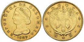 Colombia. 8 escudos. 1829. Bogotá. (Km-82.1). Au. 26,94 g. Fue utilizada como joya. MBC+. Est...1100,00.