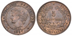 Francia. III República. 5 céntimos. 1897. París. A. (Km-821.1). Ae. 5,00 g. EBC. Est...30,00.