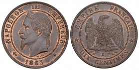Francia. Napoleón III. 10 céntimos. 1863. París. A. (Km-798.1). (Gad-253). Ae. 9,88 g. Restos de color original. EBC. Est...60,00.